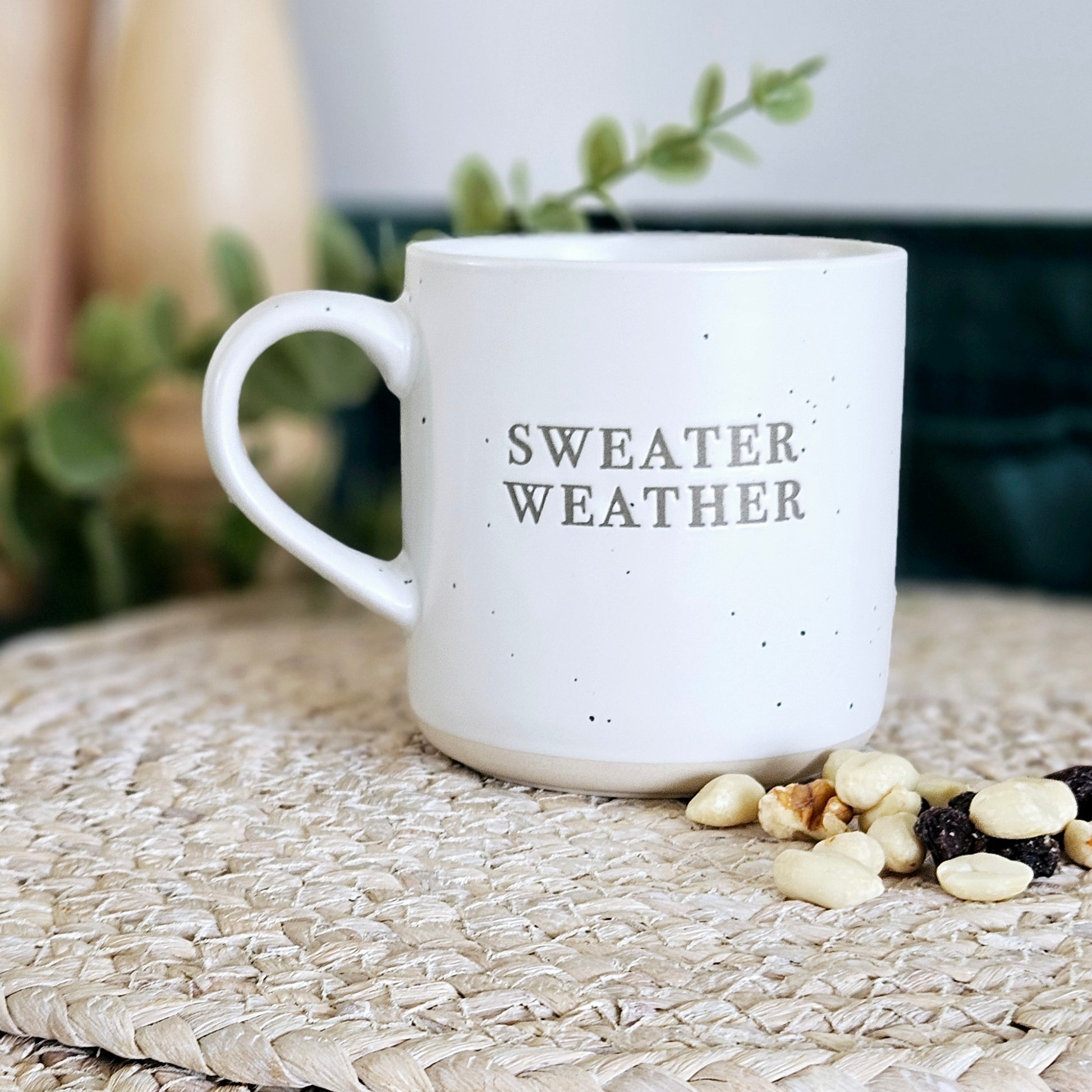 sweater weather printed mug with speckled finish design