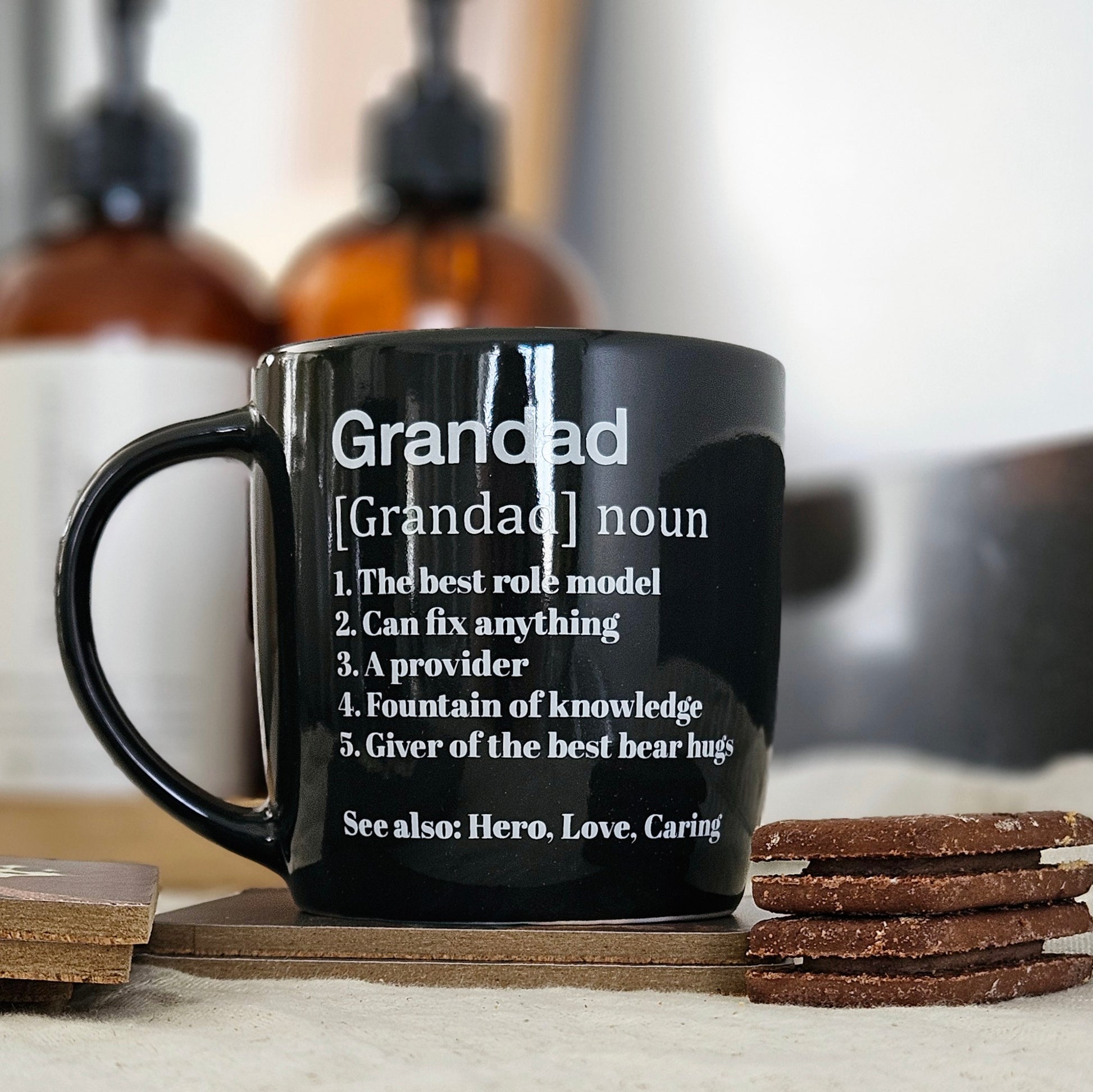 Black Grandad mug with noun wording hero, love & caring