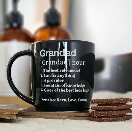 Black Grandad mug with noun wording hero, love & caring