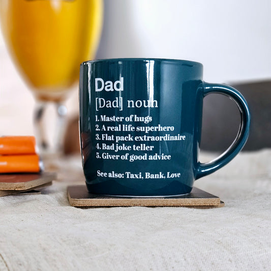 dad definition mug in green with featured love wording and taxi and bank noun