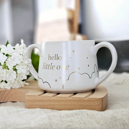 hello little one bambino double handled mug with clouds moon and stars