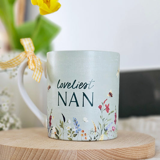 cottage garden loveliest nan mug in green with floral and bees