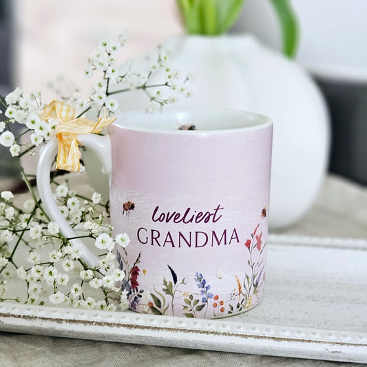 Cottage garden loveliest grandma mug with bees, flowers and in purple 