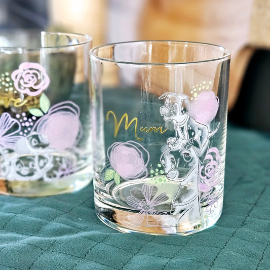 101 Dalmatians set of 2 glasses with love mum wording and Dalmatian print from disney