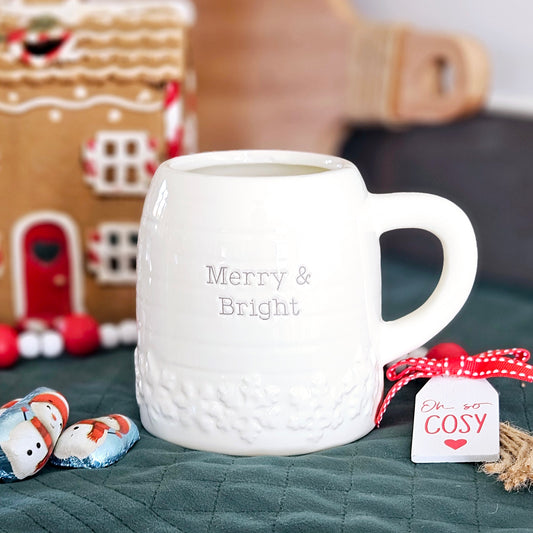 white merry and bright christmas snowflake mug