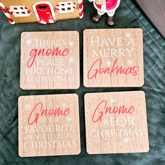 set of 4 wooden gnome coasters in a gnome wooden box Christmas related