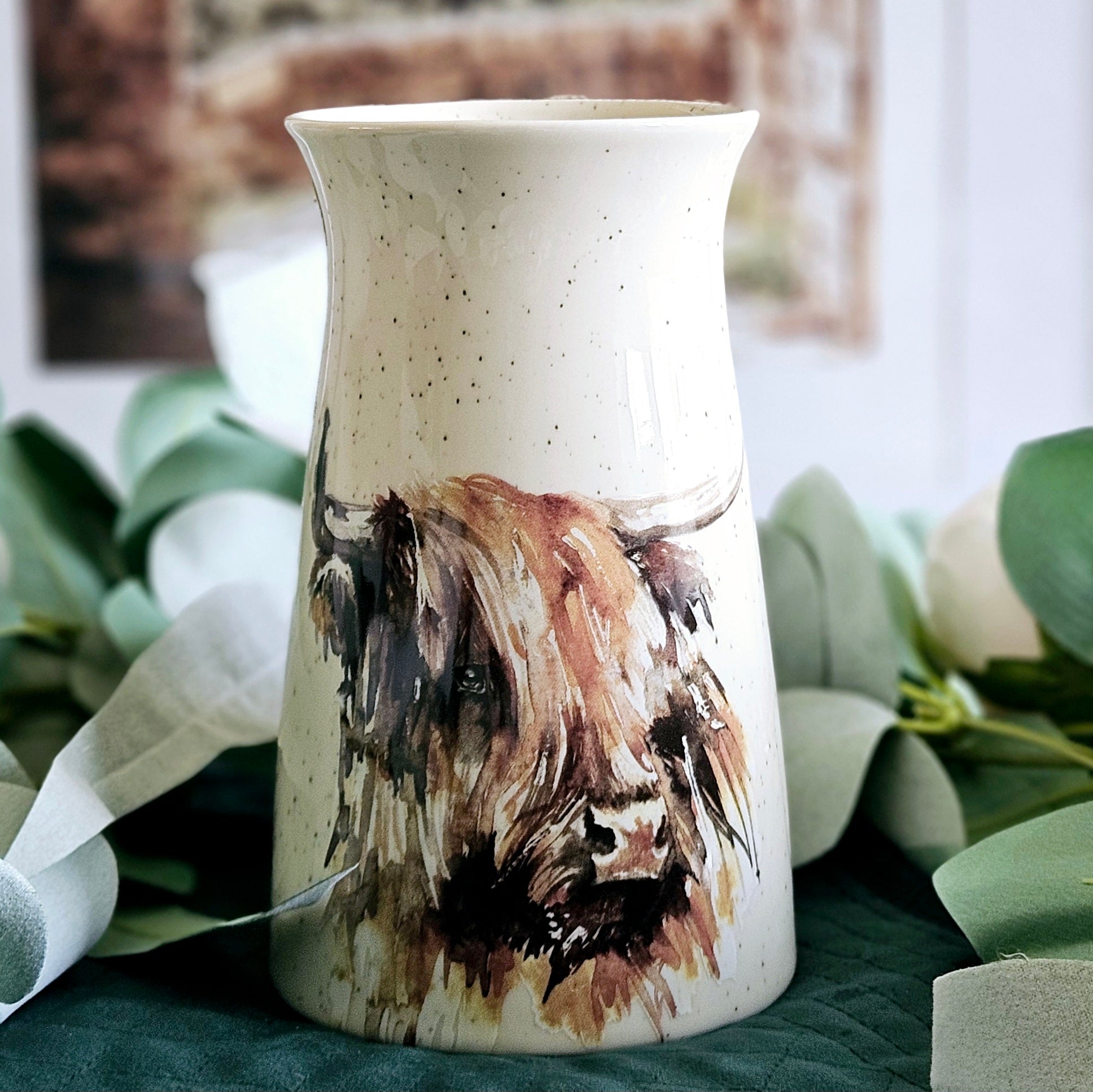 meg hawkins highland cow small sized vase with speckled detail finish 