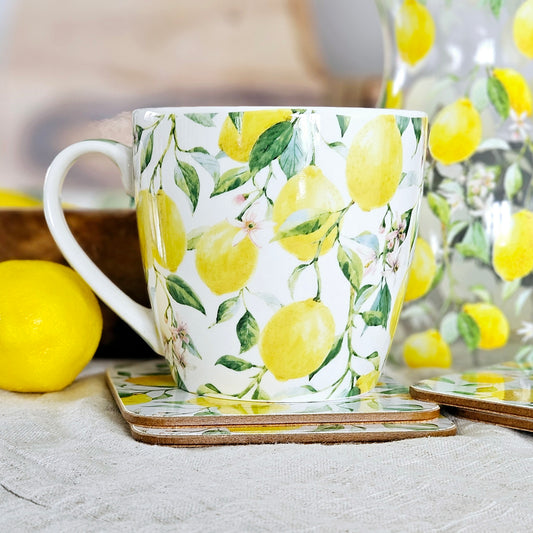 Lemon grove breakfast mug with lemons and green leaf design