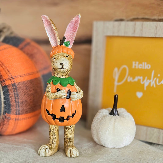 Pumpkin rabbit figurine wearing a pumpkin orange face costume and pumpkin hat