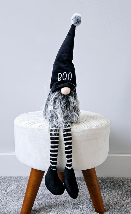 Halloween sitting gonk with black hat and word BOO in white with a grey beard