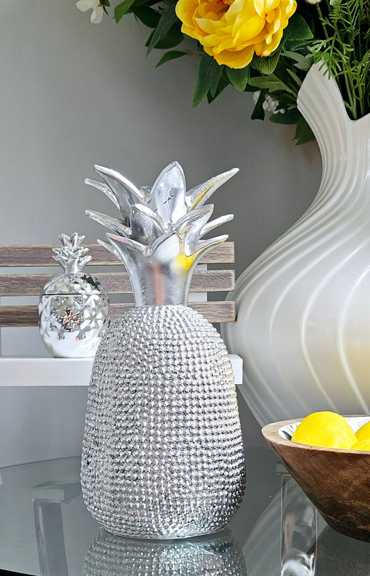 diamond pineapple figurine candle holder in silver