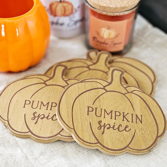 pumpkin spice shaped wooden coaster set of 4  