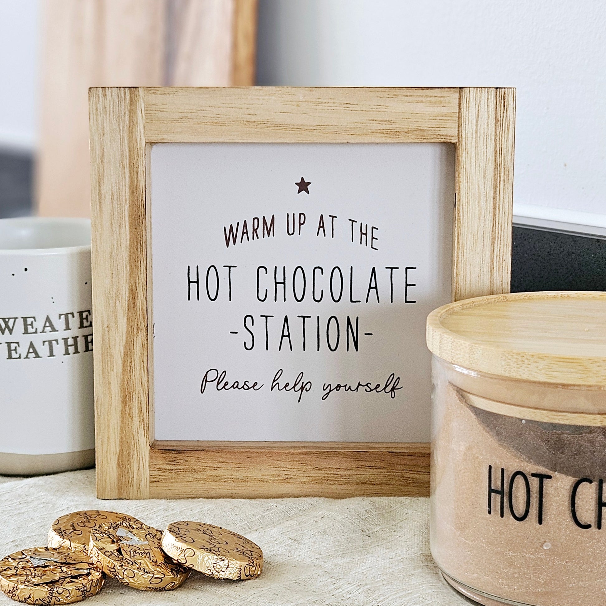 warm up at the hot chocolate station wooden plaque with star