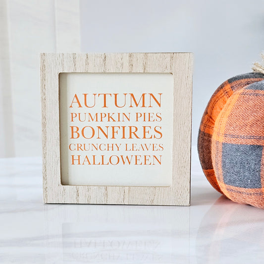 mini wooden framed sign autumn pumpkin pies bonfires crunchy leaves and halloween wording