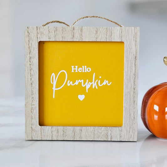 hello pumpkin wooden mini plaque with hanging jute string and heart