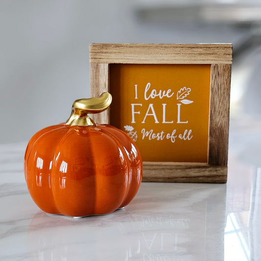 orange medium ceramic pumpkin with gold stalk