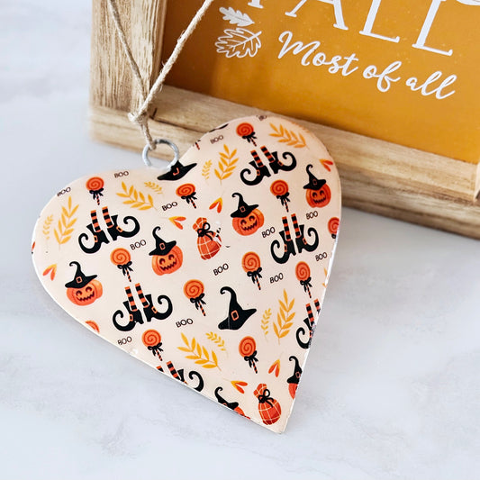 HALLOWEEN BOO HEART HANGING ON A JUTE STRING WITH PUMPKINS AND WITCHES SHOES 