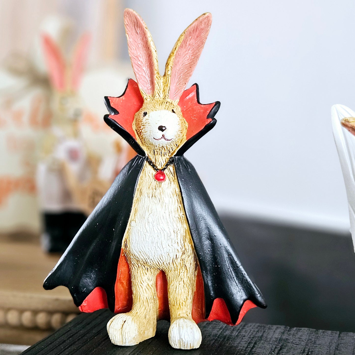 vampire bunny ornament wearing a Dracula style cape