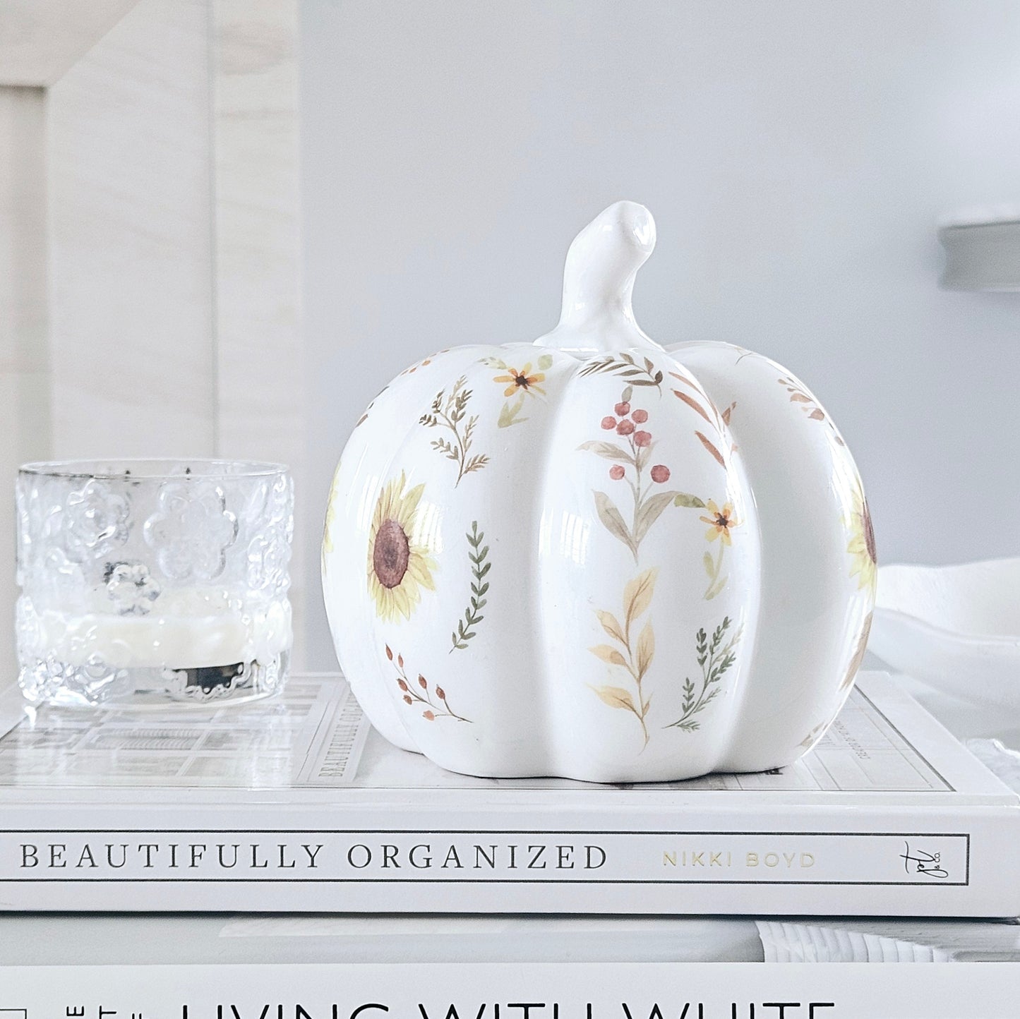 Large Floral Ceramic Pumpkin in white with autumn design flowers and leaves