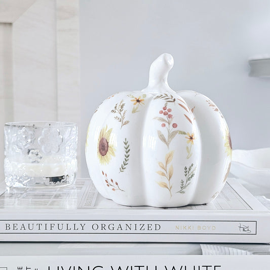 Large Floral Ceramic Pumpkin in white with autumn design flowers and leaves