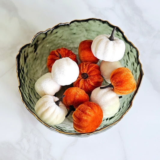 Box of orange and white mixed sized velvet pumpkins