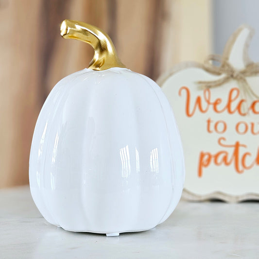 WHITE CERAMIC PUMPKIN WITH GOLD STALK