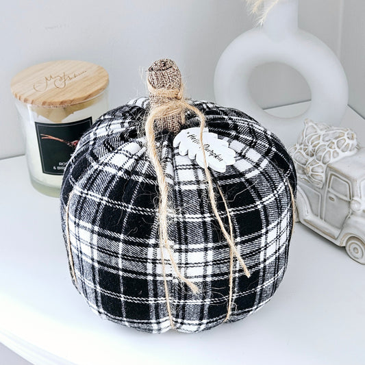 black and white mono pumpkin with hello pumpkin tag and brown jute rope