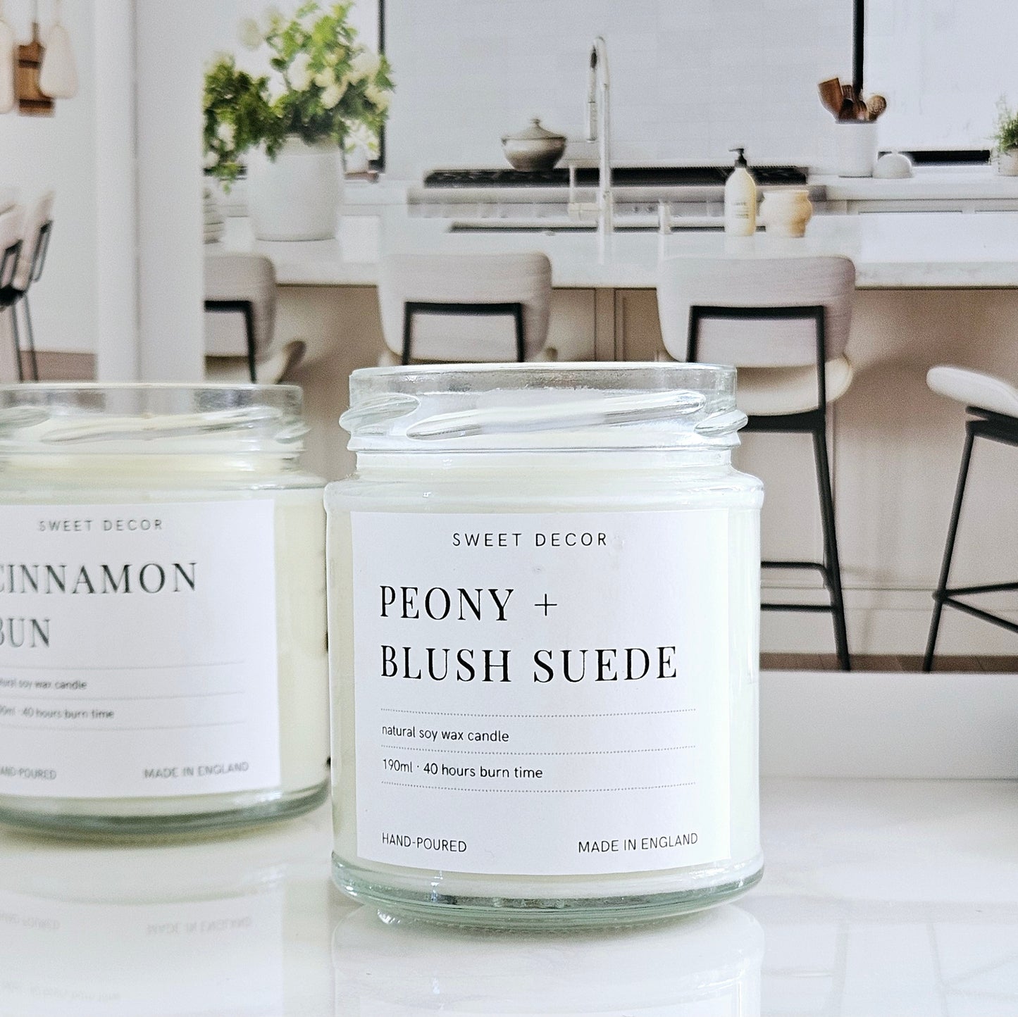 Peony + Blush Suede clear jar candle 40 hours burn time 190ml hand poured natural soy sweet decor