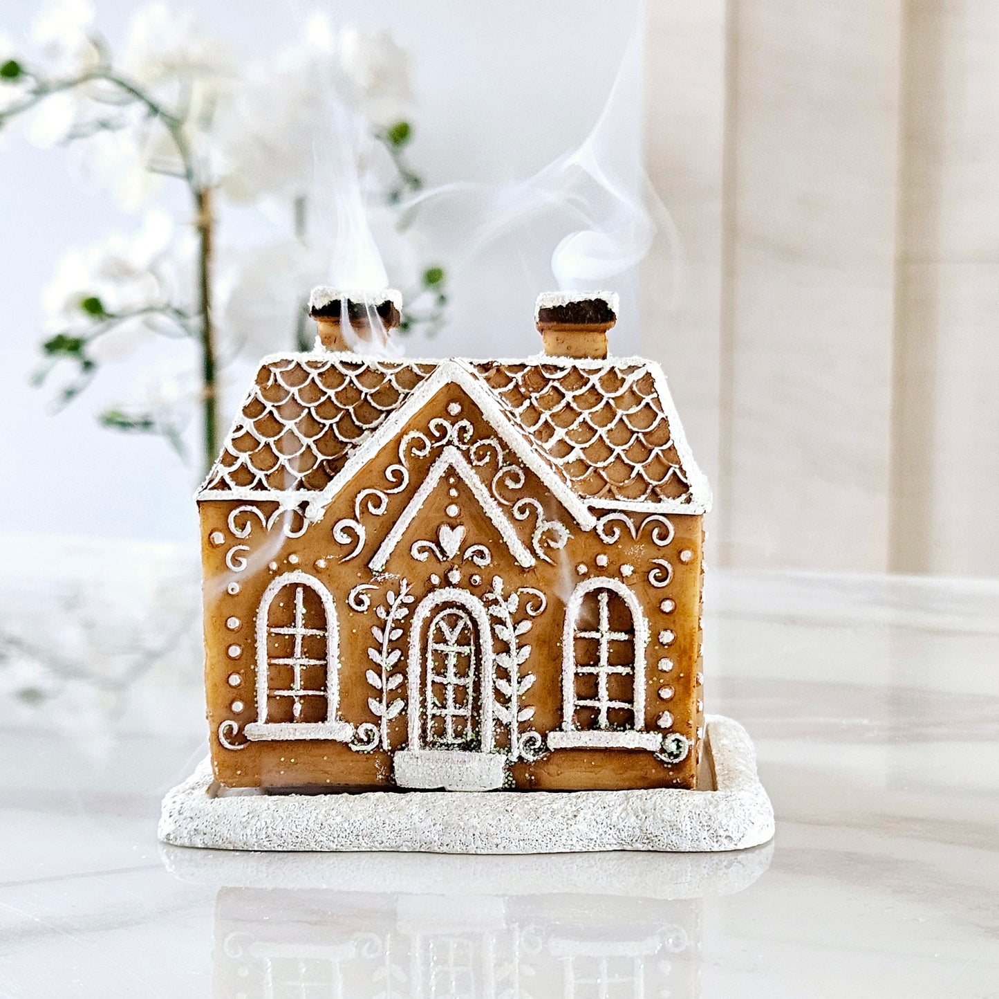 Gingerbread house incense cone burner with double smoked chimney 