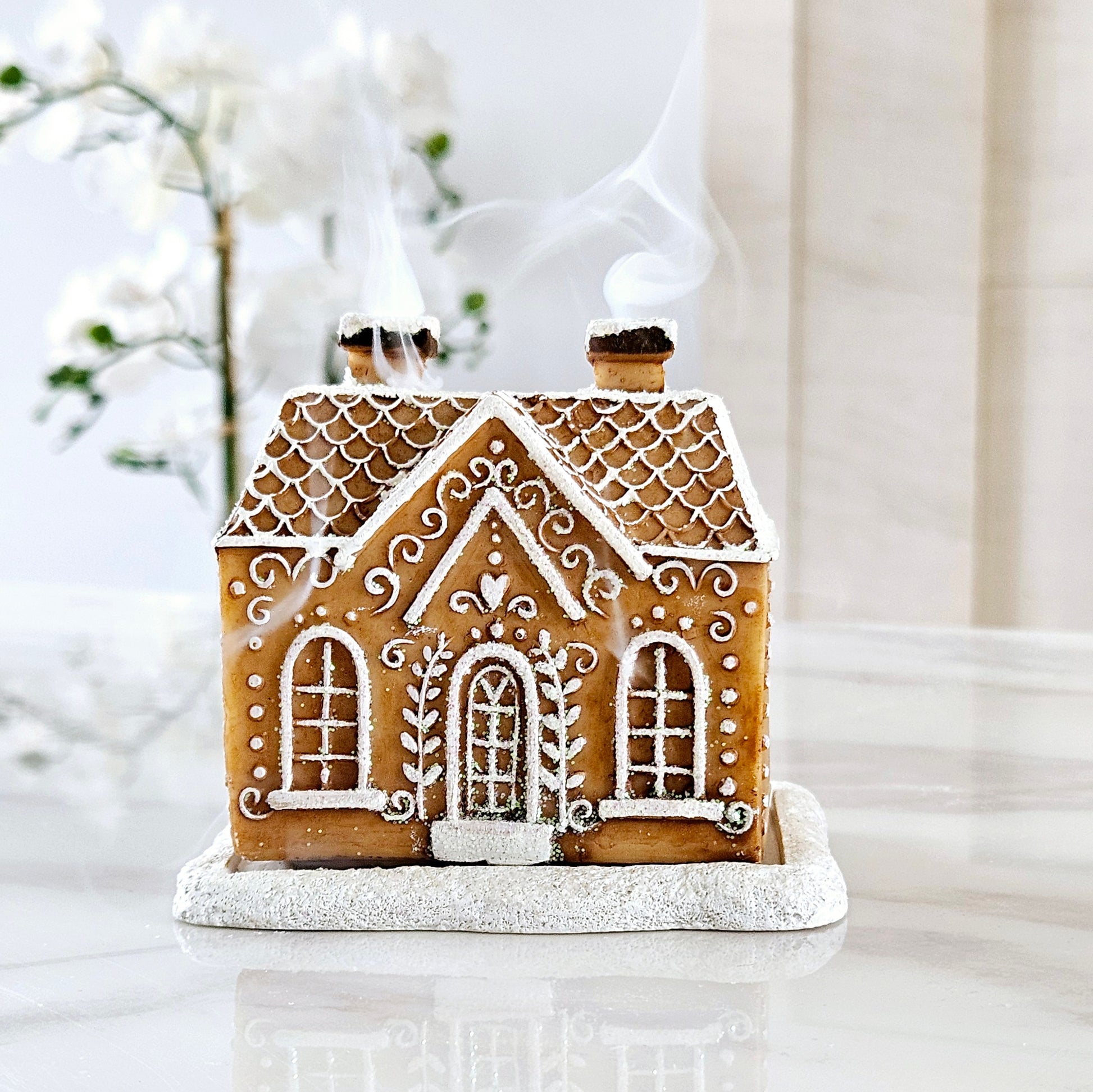 Gingerbread house incense cone burner with double smoked chimney 