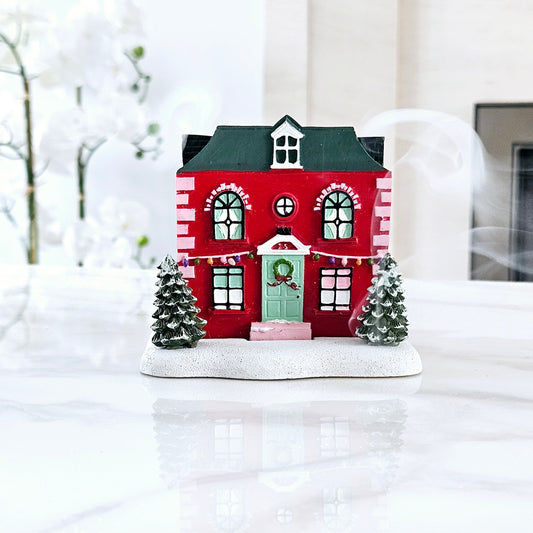 Red Christmas incense cone house burner with Christmas trees out front 