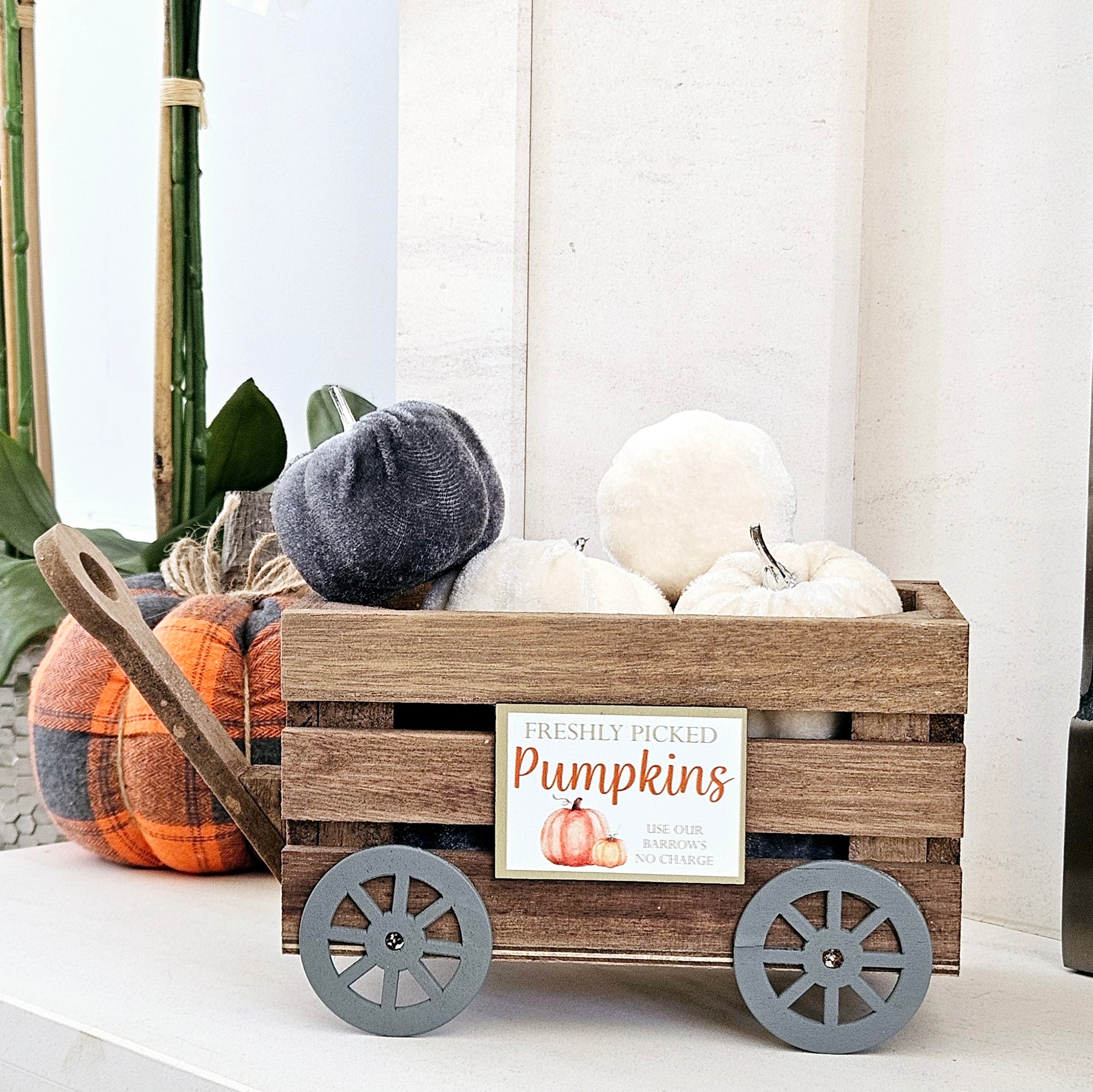 Wooden pumpkin wheelbarrow cart with wheels and handle. Plaque attached freshly picked pumpkins 