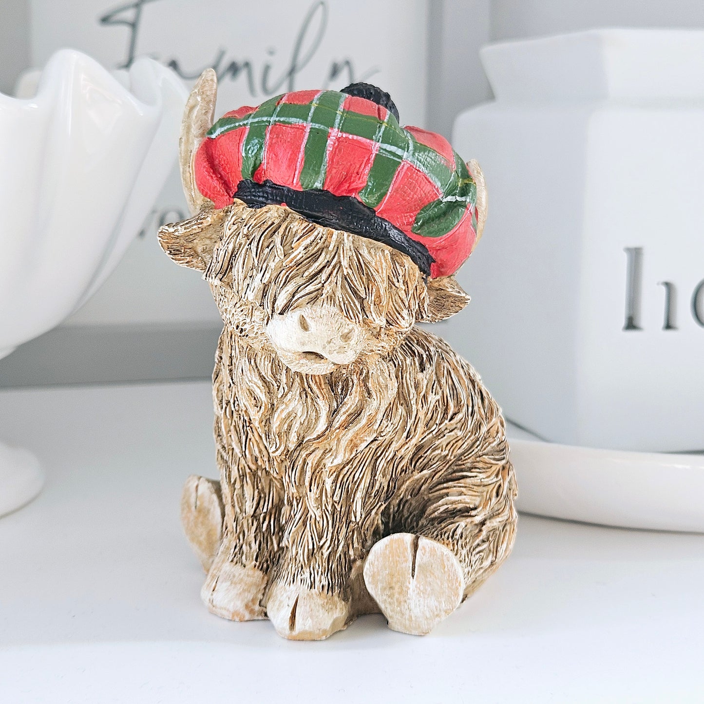 highland cow with tartan hat ornament