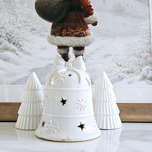 Led white Bell Ornament Large with statement and bow details 