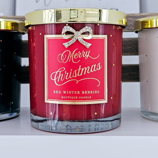 Merry Christmas Winter berries candle in red glass jar with Diamanté bow and gold lid 