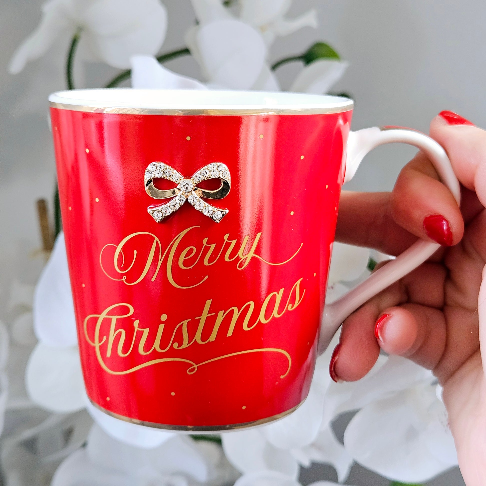 Red merry Christmas Mug with a Diamanté bow and gold font 