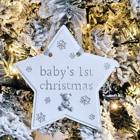 babys 1st christmas tree decoration bambino white star with silver font and teddy 