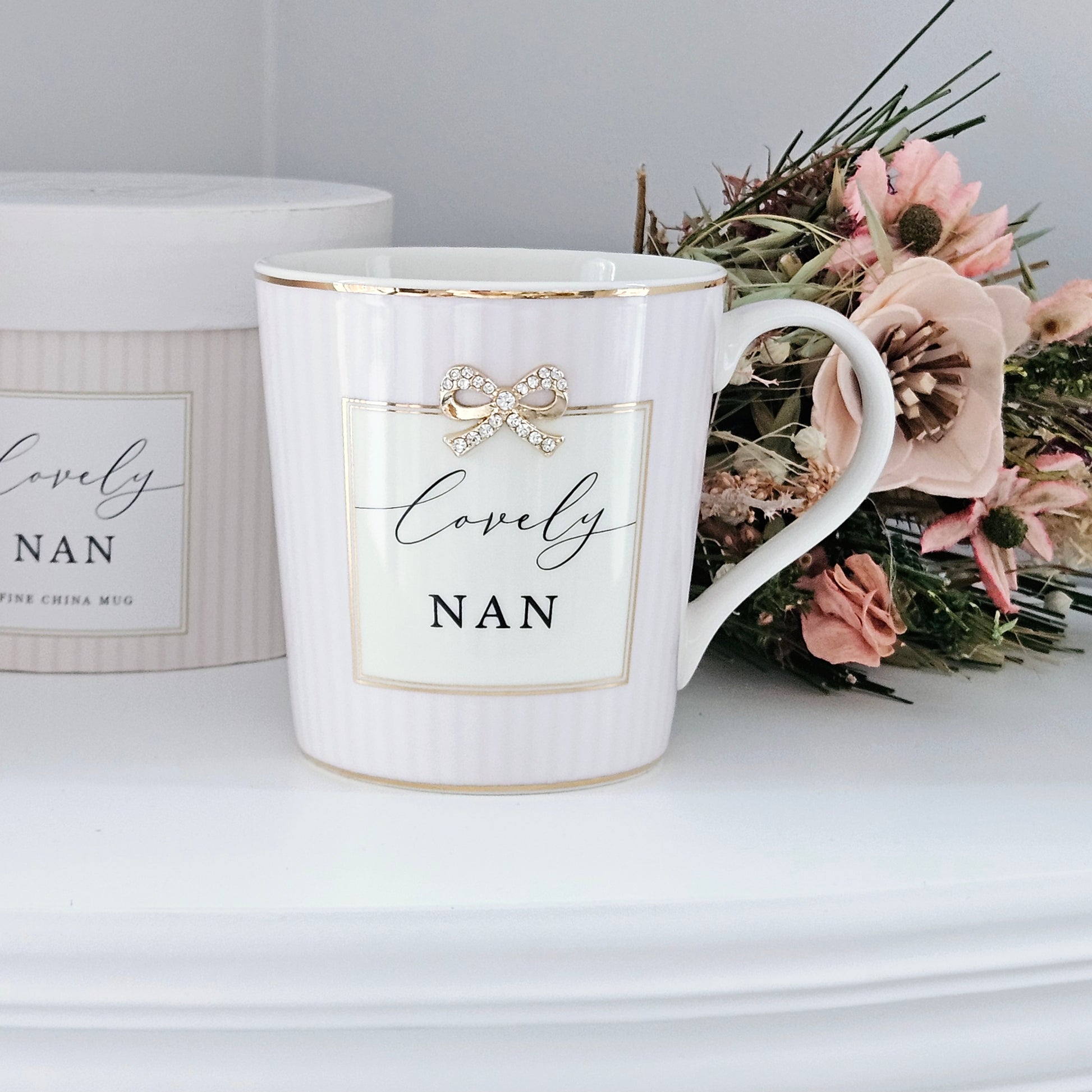 lovely nan mug with Diamante bow and gift box