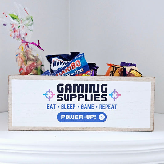 Gaming supplies wooden crate eat sleep game repeat 