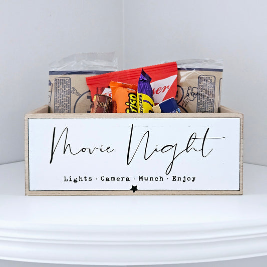 Movie night wooden crate treat box, lights camera munch enjoy