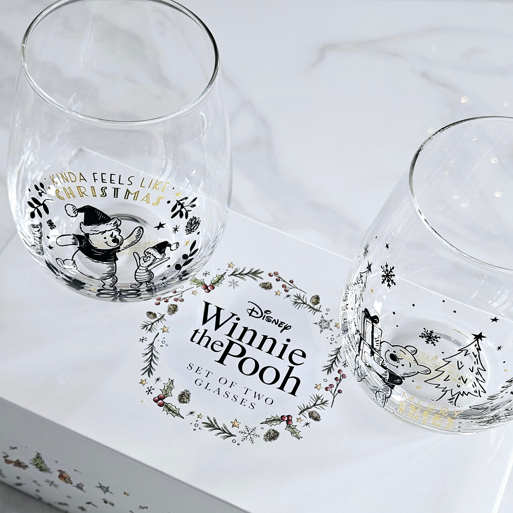 set of two disney Winnie the Pooh merry christmas glasses in a gifted matching box