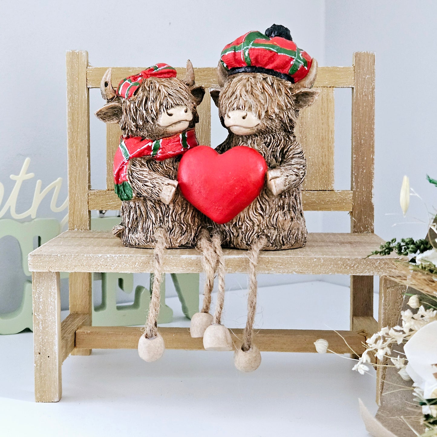 Highland cow red love heart duo sitting Ornament with tartan outfits 