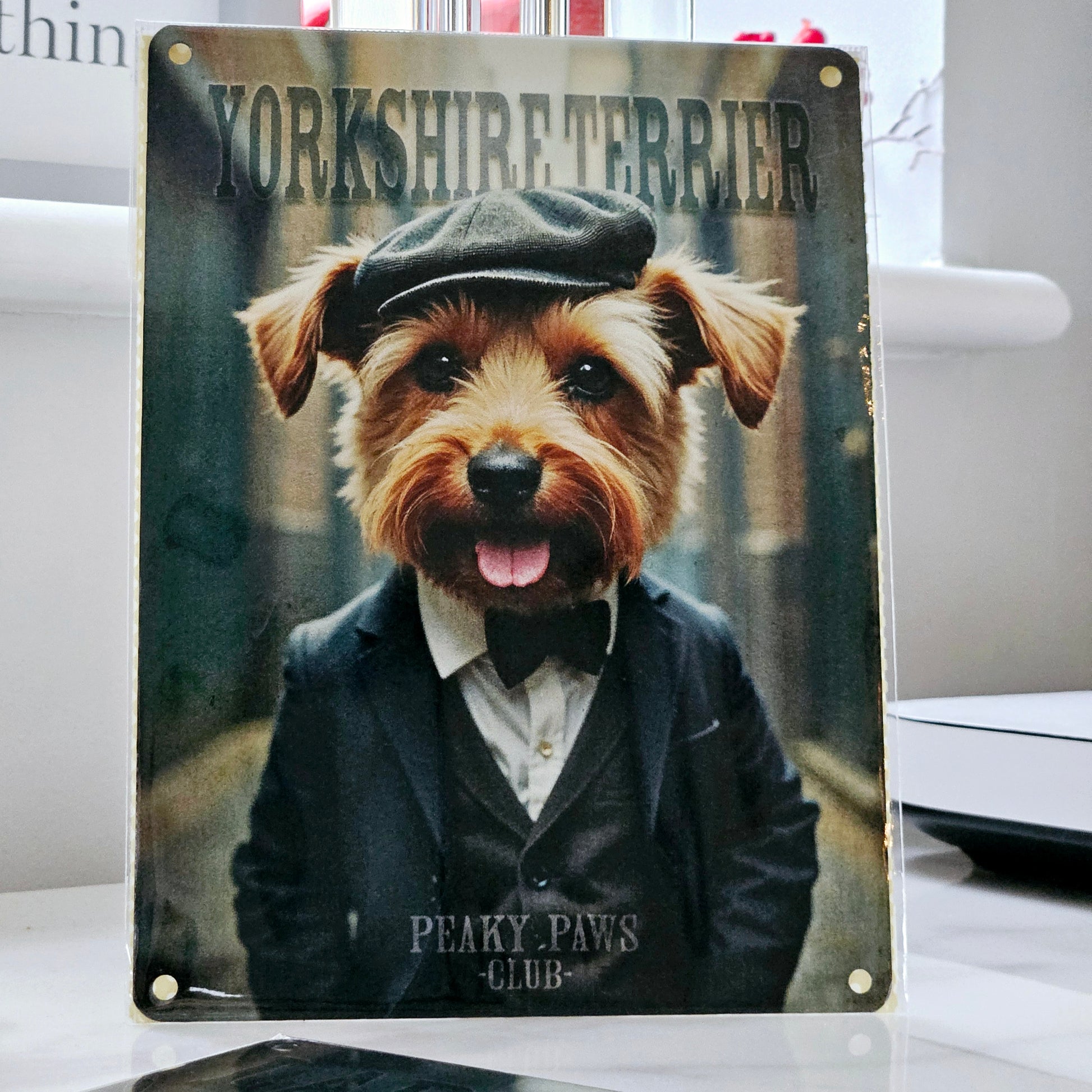 Yorkshire terrier wall metal plaque dressed as a peaky blinder peaky paws club 20cm