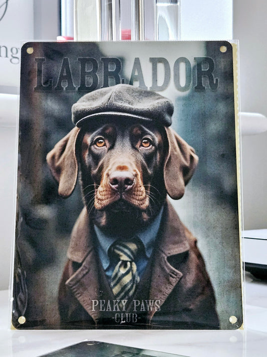 labrador dressed peaky blinders metal dog plaque 20cm