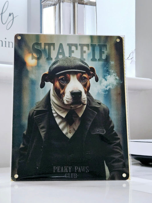 staffie metal wall plaque 20cm dressed as a peaky blinders dog peaky paws club