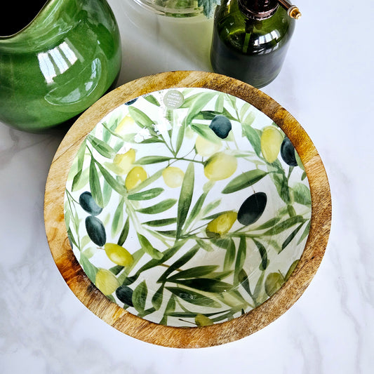 handcrafted mango wood bowl with olives and leaf print