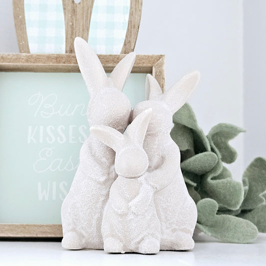 family of ceramic bunnies ornament in white