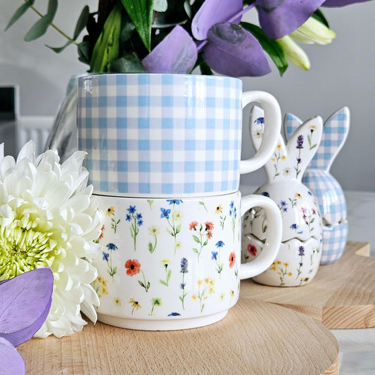 Set of 2 gingham style stacked mugs white with floral print and blue and white squares 