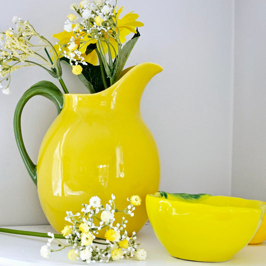 lemon jug vase with green leaf handle design