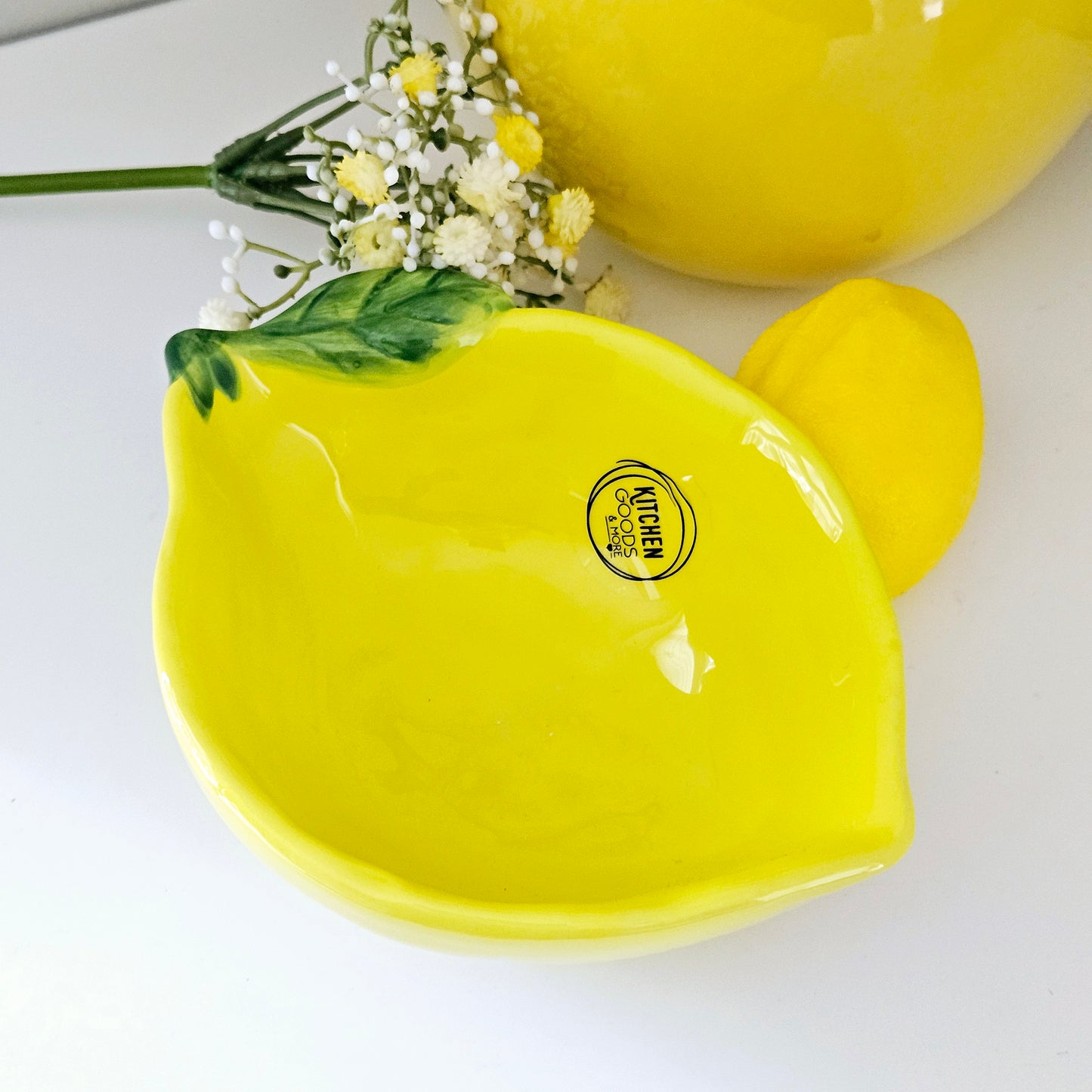 kitchen n goods lemon shaped ceramic bowl with green leaf